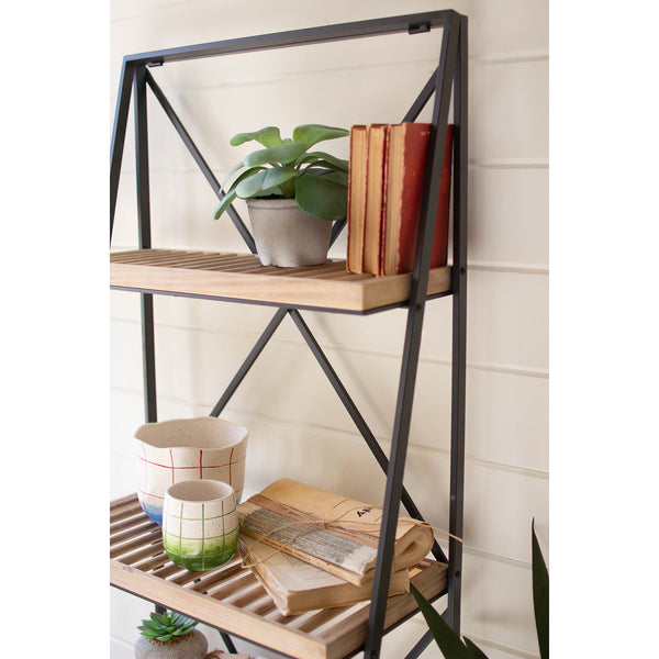 Slatted Wood & Metal Bookshelf Paynes Gray