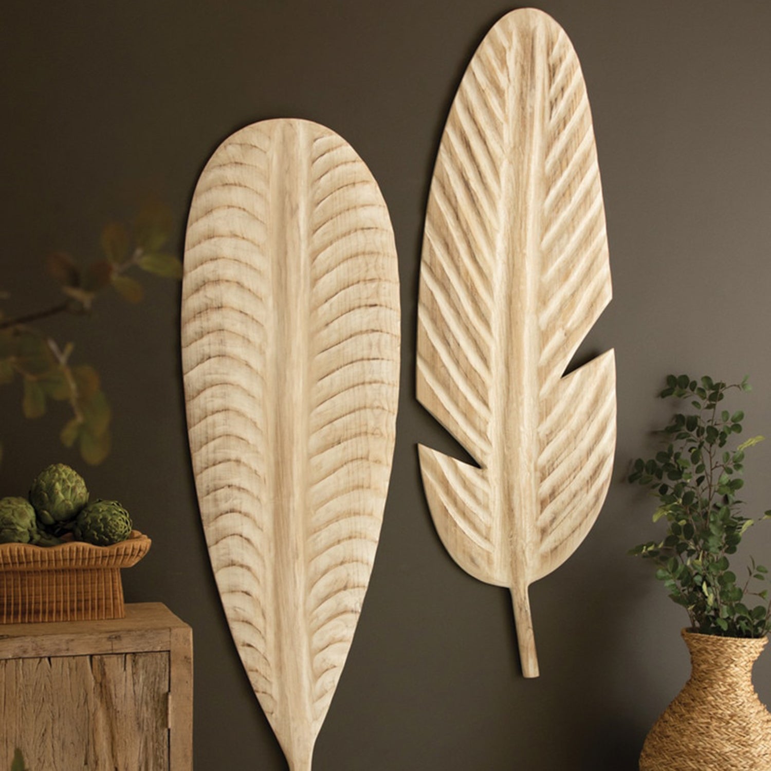 Giant Hand-Carved Paulownia Wood Leaf Set of 2