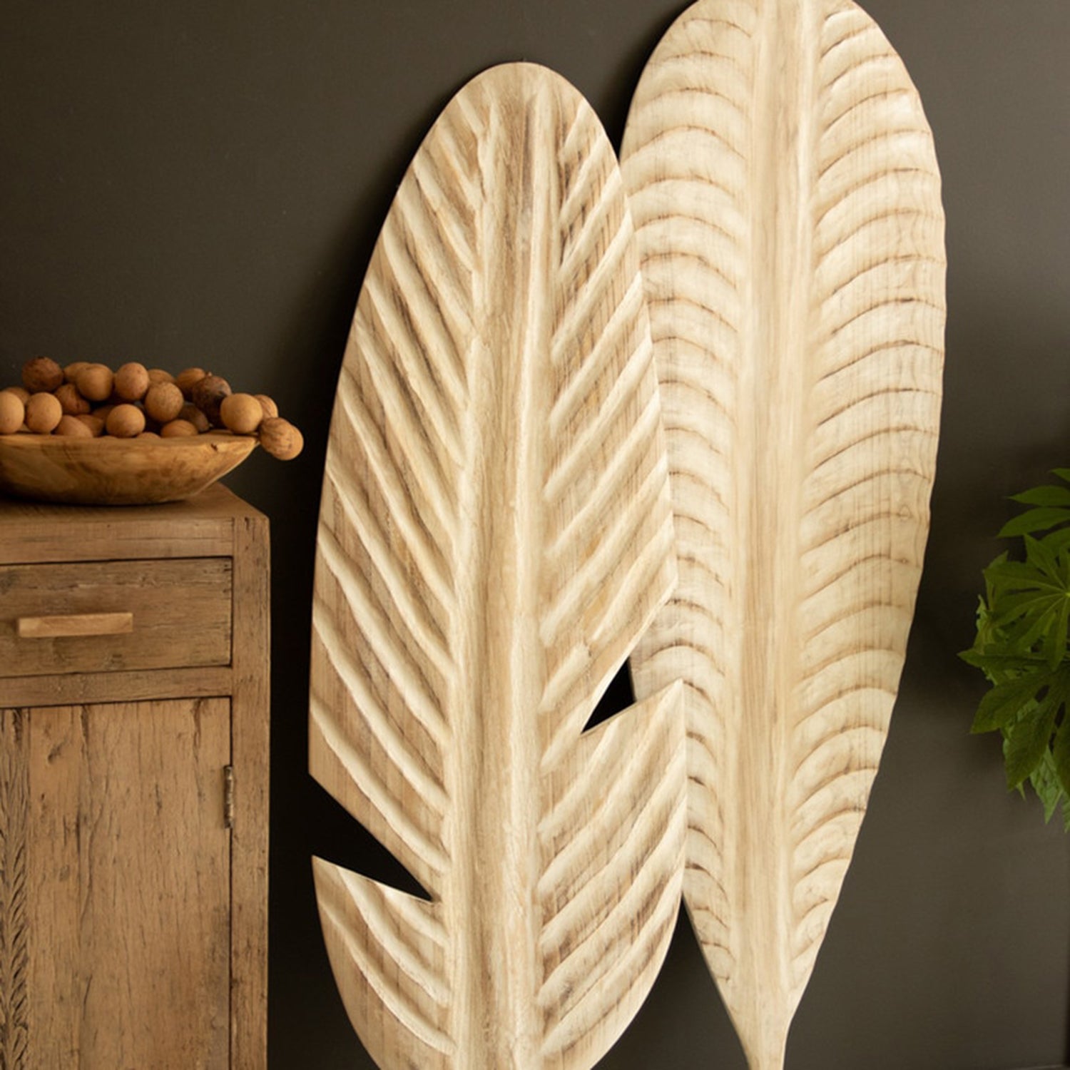 Giant Hand-Carved Paulownia Wood Leaf Set of 2