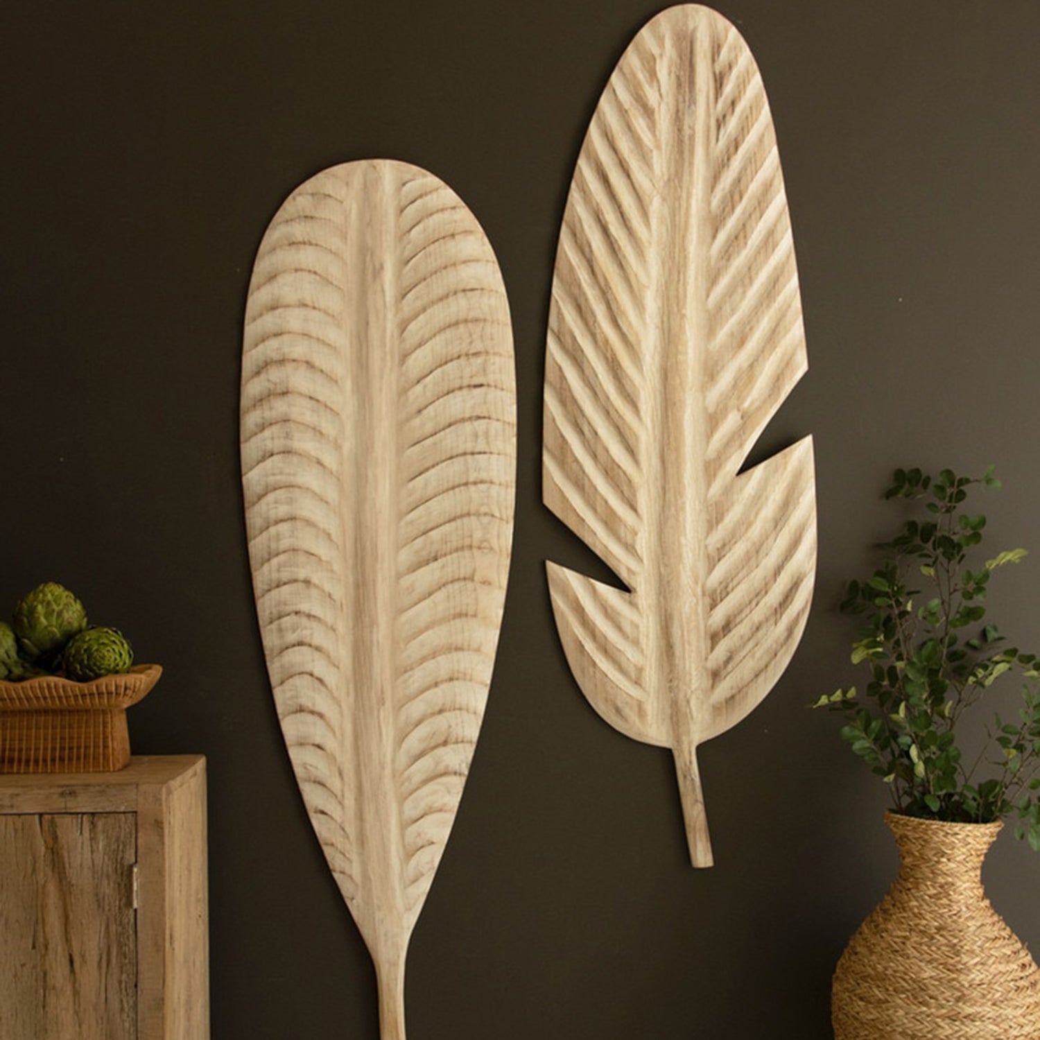 Giant Hand-Carved Paulownia Wood Leaf Set of 2