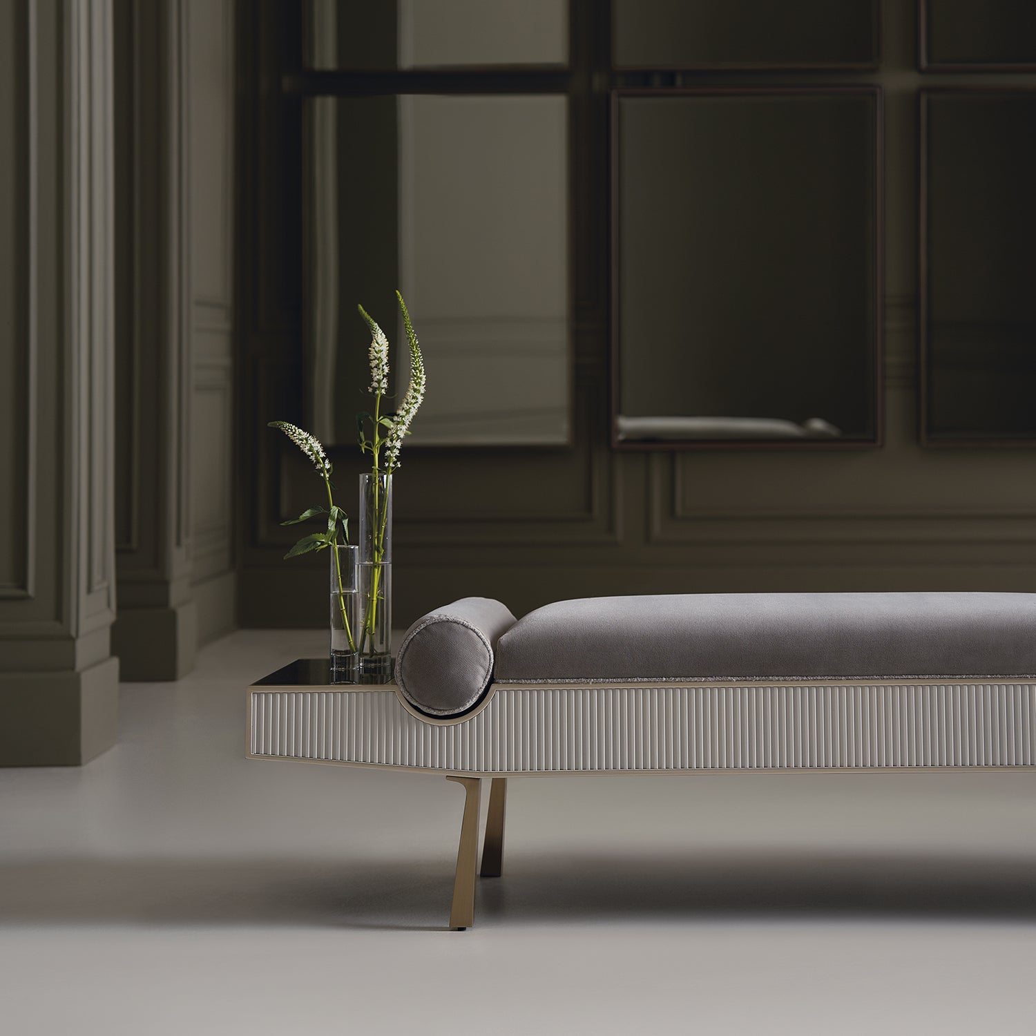 Caracole Roll Play Champagne Bench in Almond Milk, side profile
