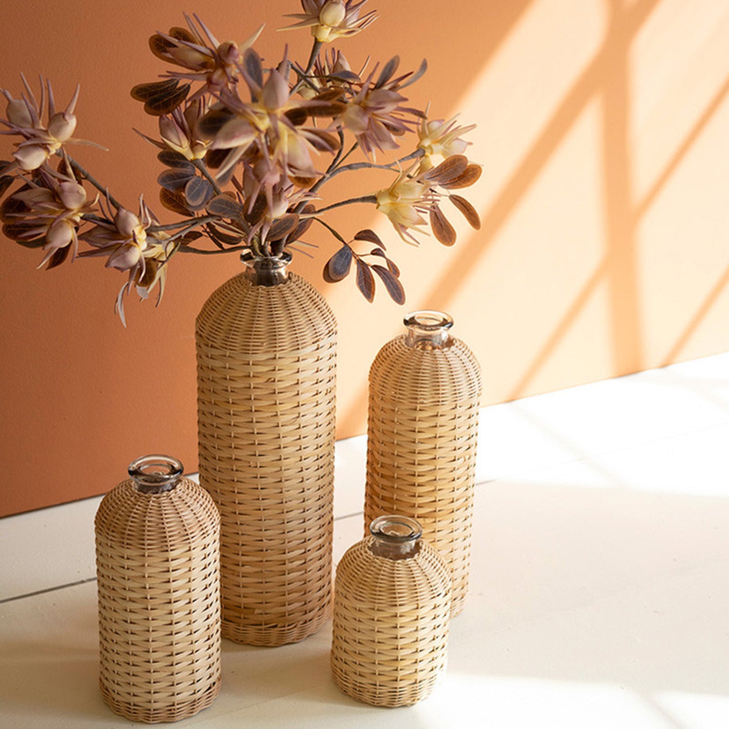 Rattan Wrapped Glass Vase Set of 4