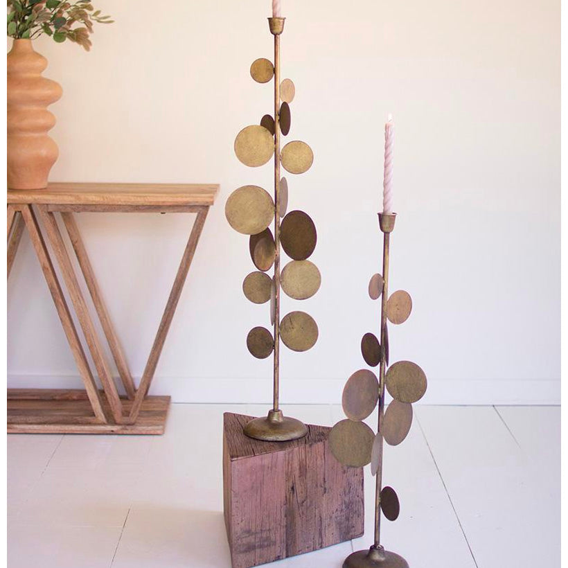 Antique Brass Round Disc Candle Holder Set of 2