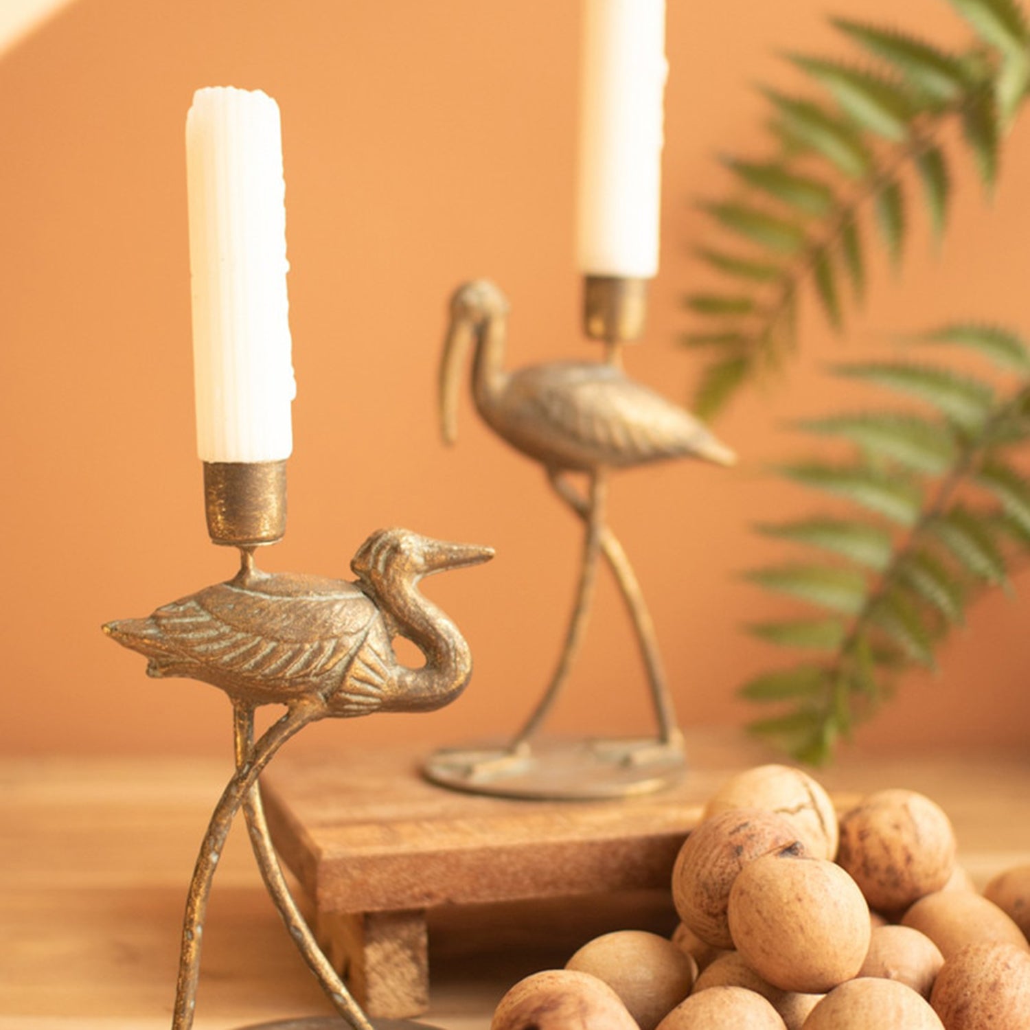 Antique Brass Shore Bird Taper Candle Holder Set of 2