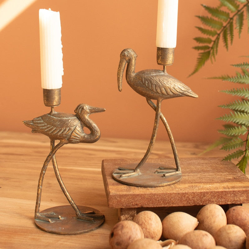 Antique Brass Shore Bird Taper Candle Holder Set of 2