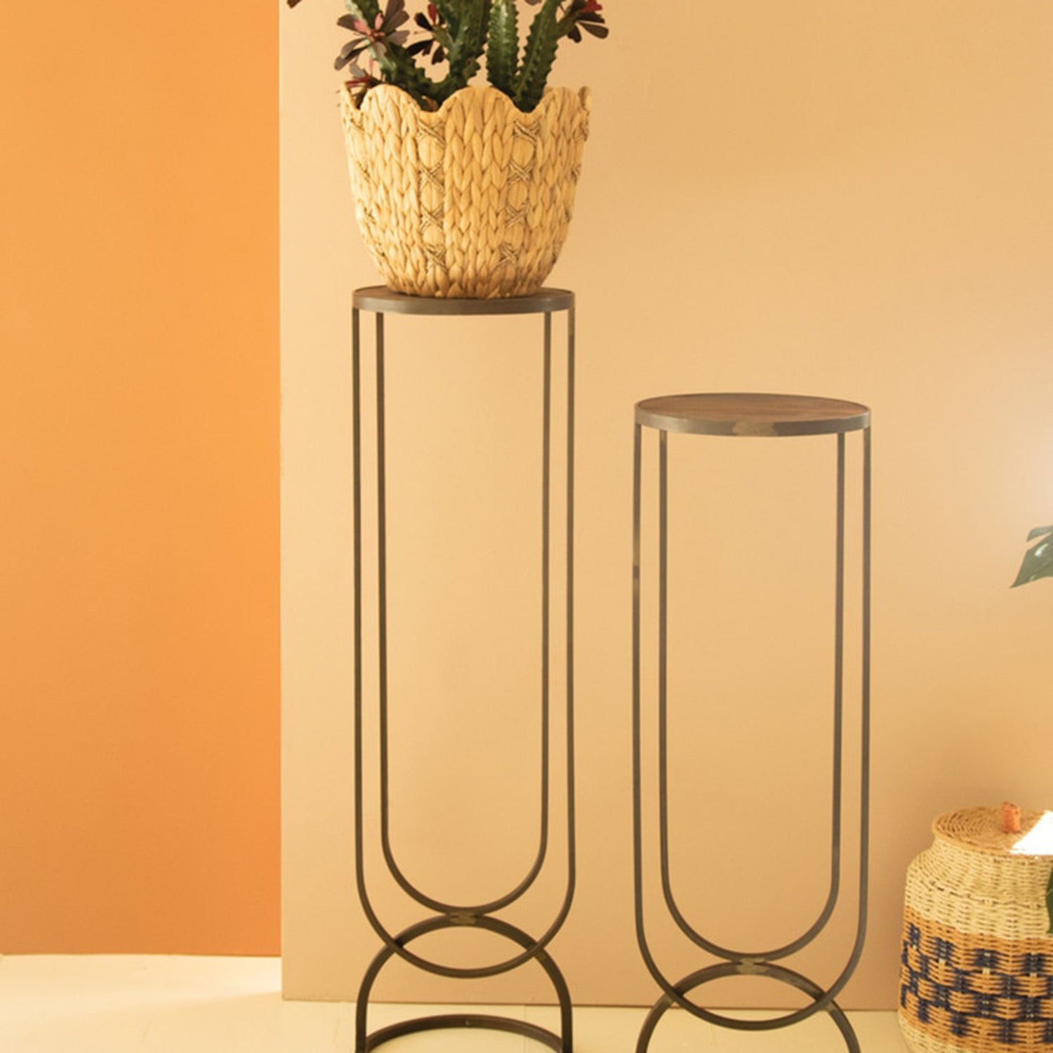 Metal Side Tables Recycled Wooden Top Set of 2
