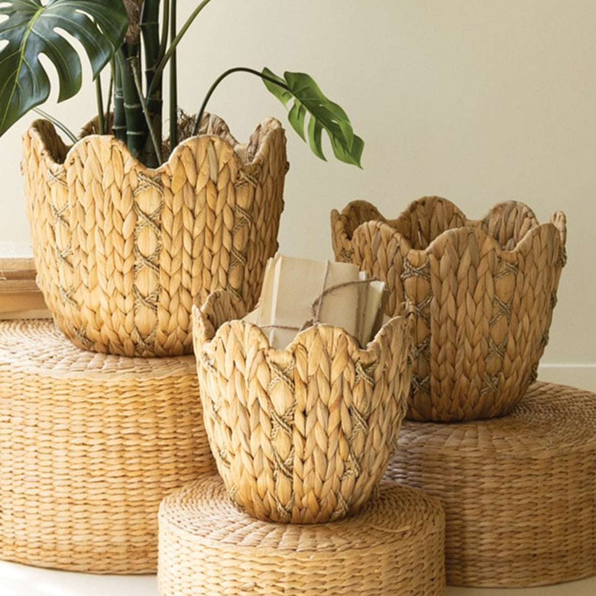 Water Hyacinth Baskets with Wavy Rim Set of 3