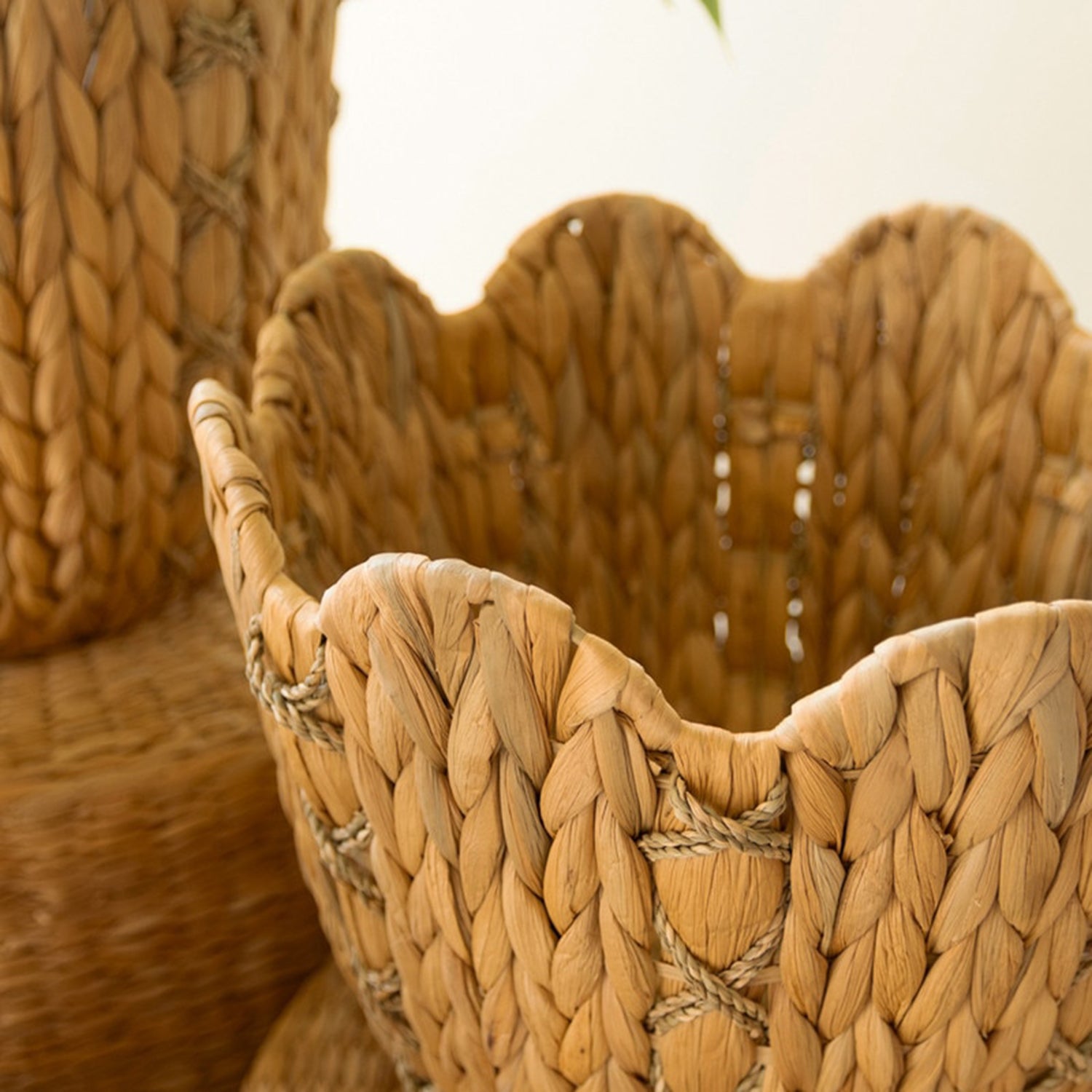 Water Hyacinth Baskets with Wavy Rim Set of 3