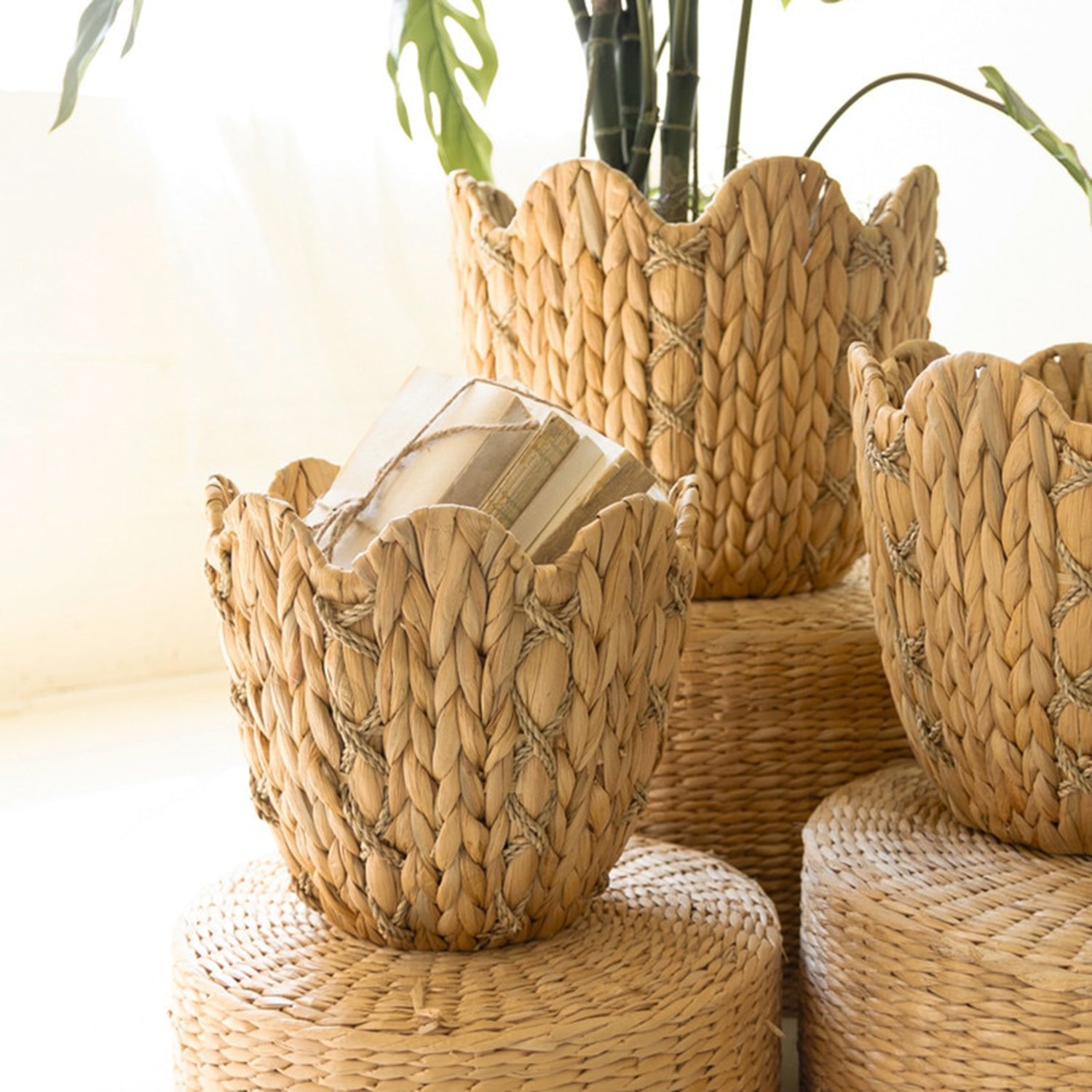 Water Hyacinth Baskets with Wavy Rim Set of 3