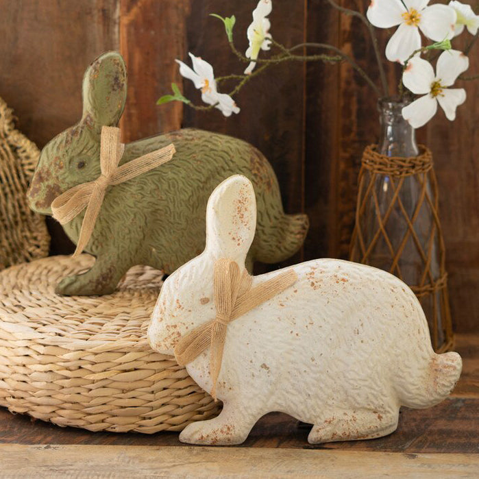Antique Green and White Metal Rabbit Set of 2