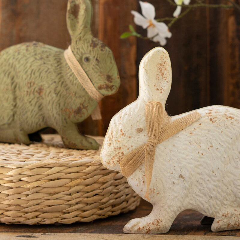 Antique Green and White Metal Rabbit Set of 2