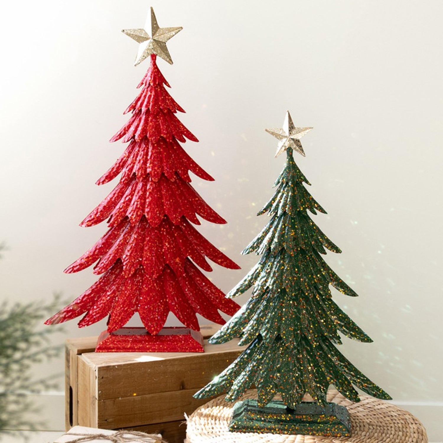 Painted Metal Christmas Trees with Glitter Set of 2
