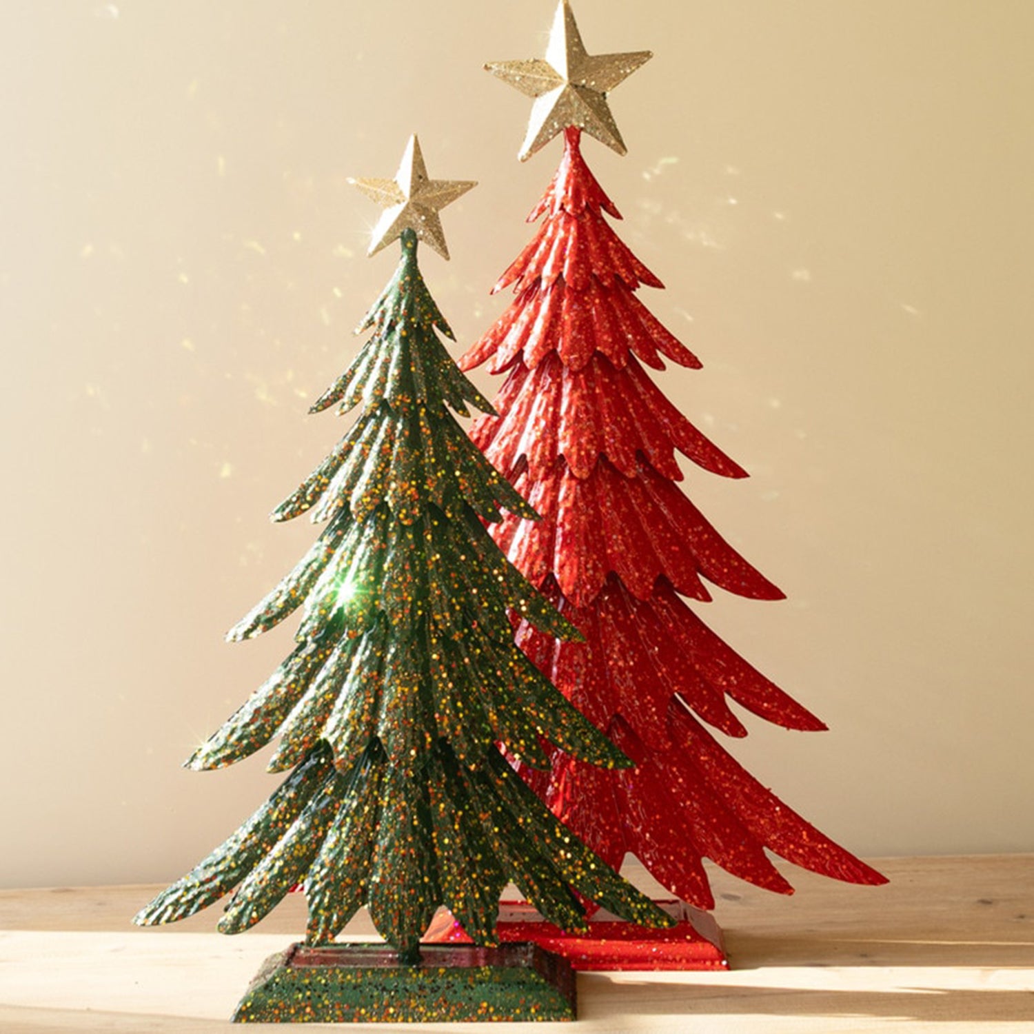 Painted Metal Christmas Trees with Glitter Set of 2