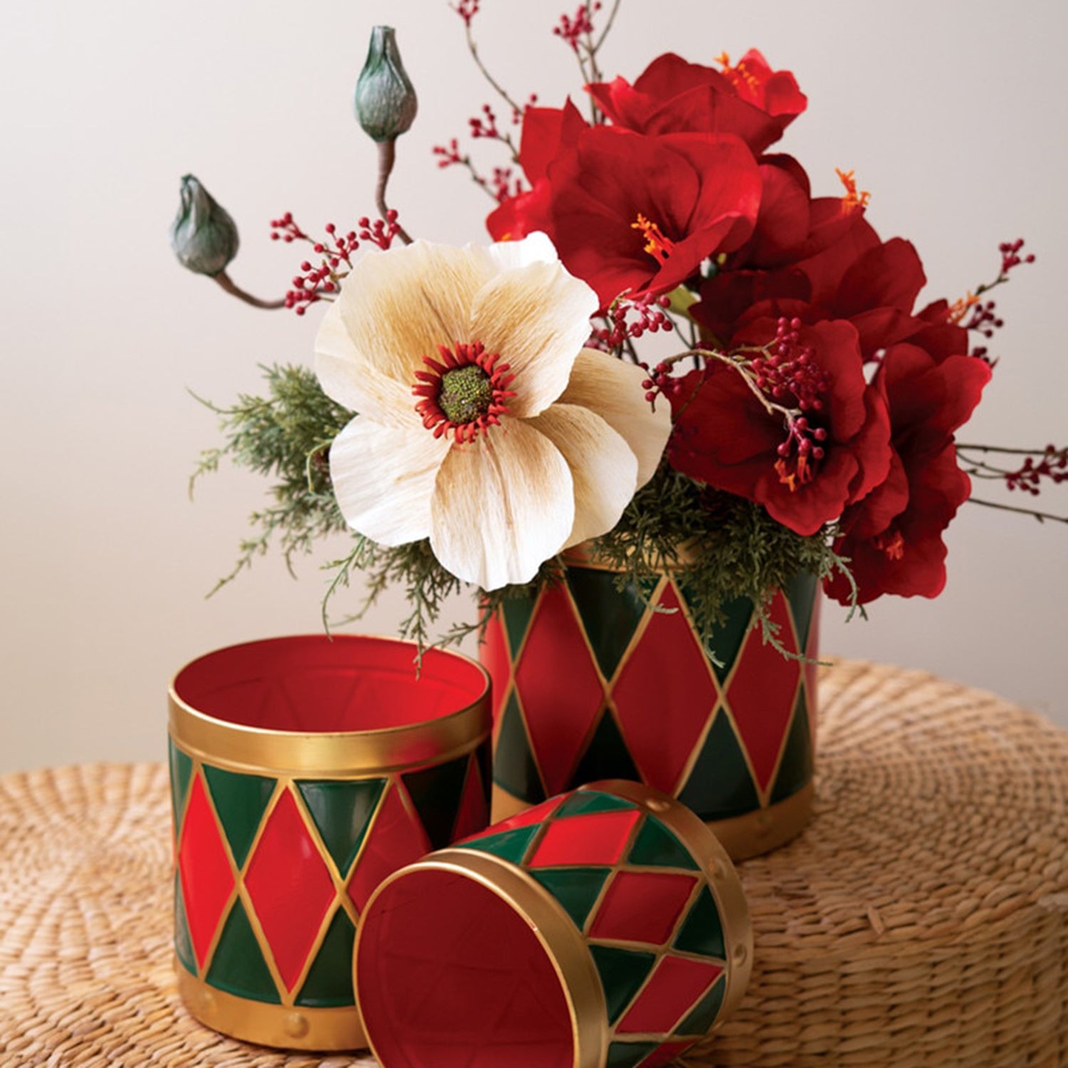 Painted Metal Drum Christmas Planter Set of 3
