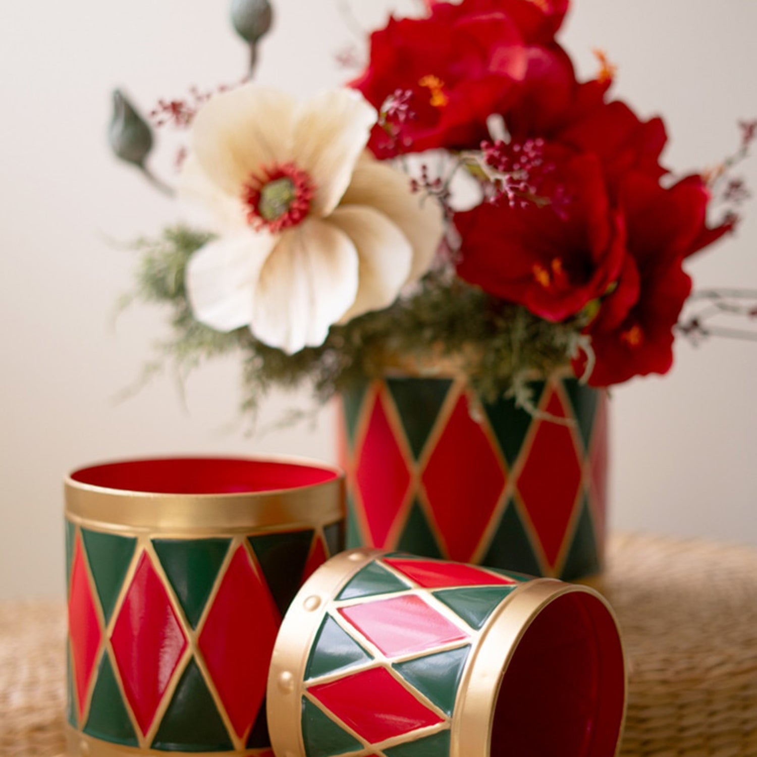 Painted Metal Drum Christmas Planter Set of 3