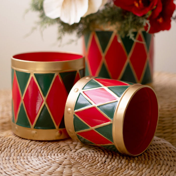 Painted Metal Drum Christmas Planter Set of 3