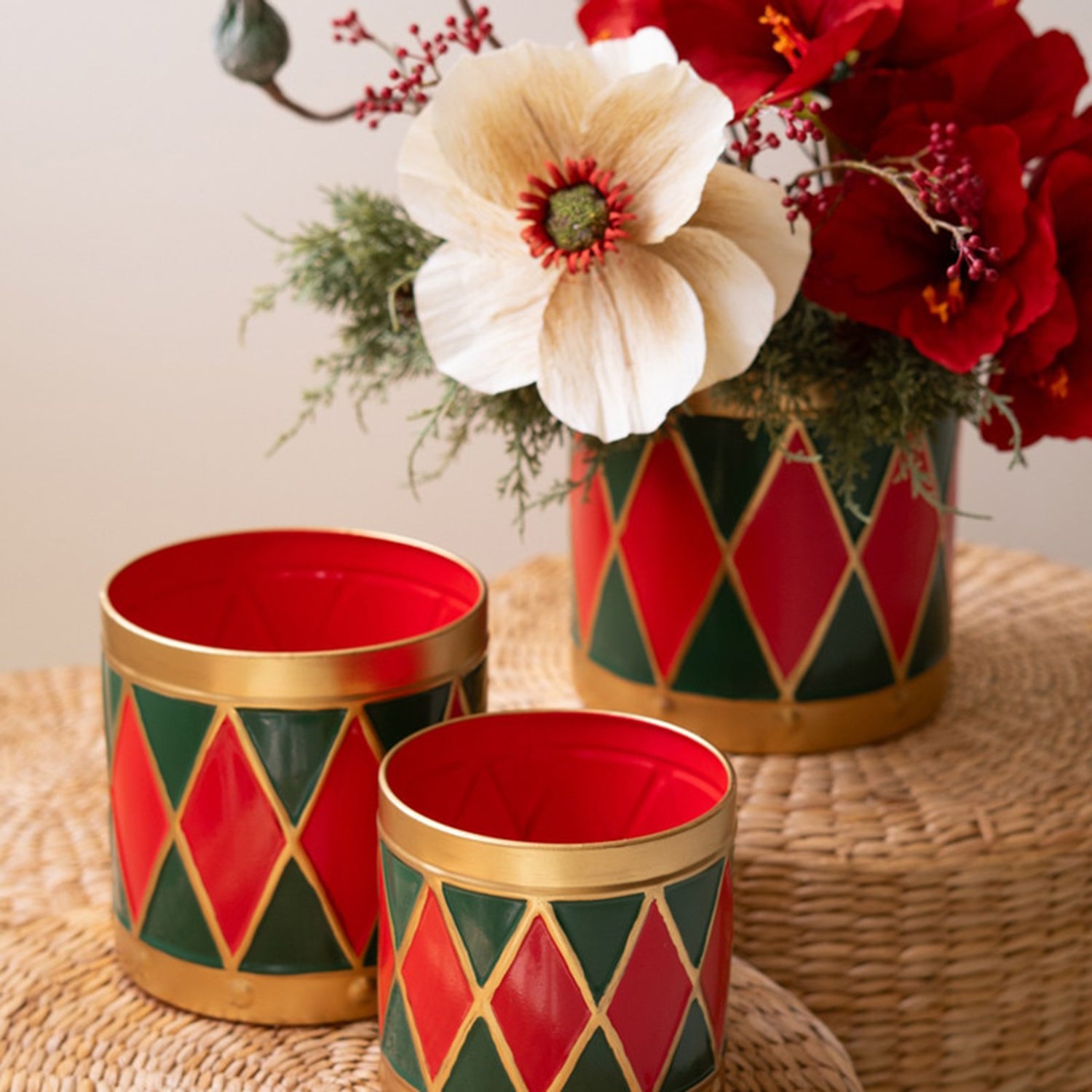 Painted Metal Drum Christmas Planter Set of 3