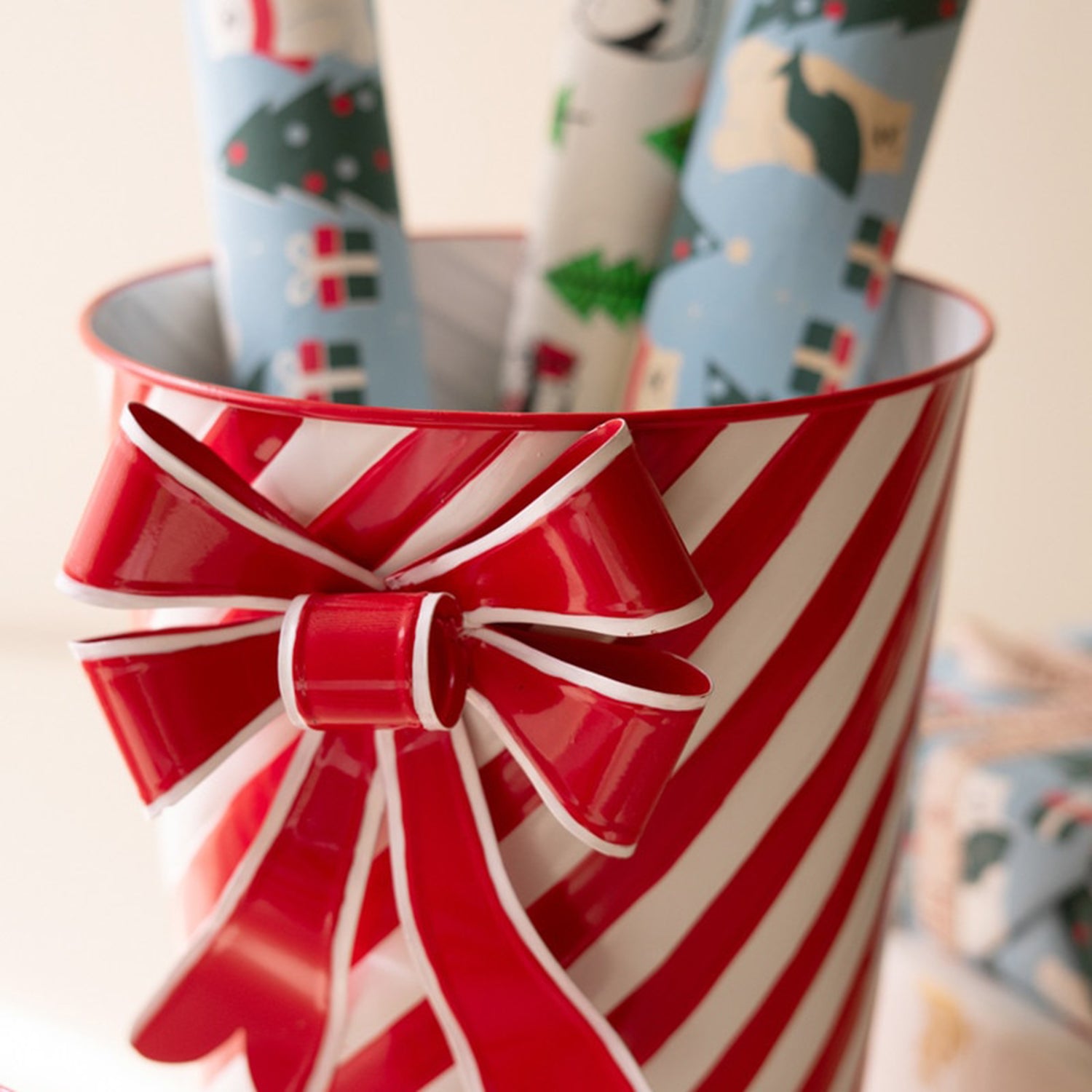 Painted Metal Red White Stripe Christmas Planter Set of 3