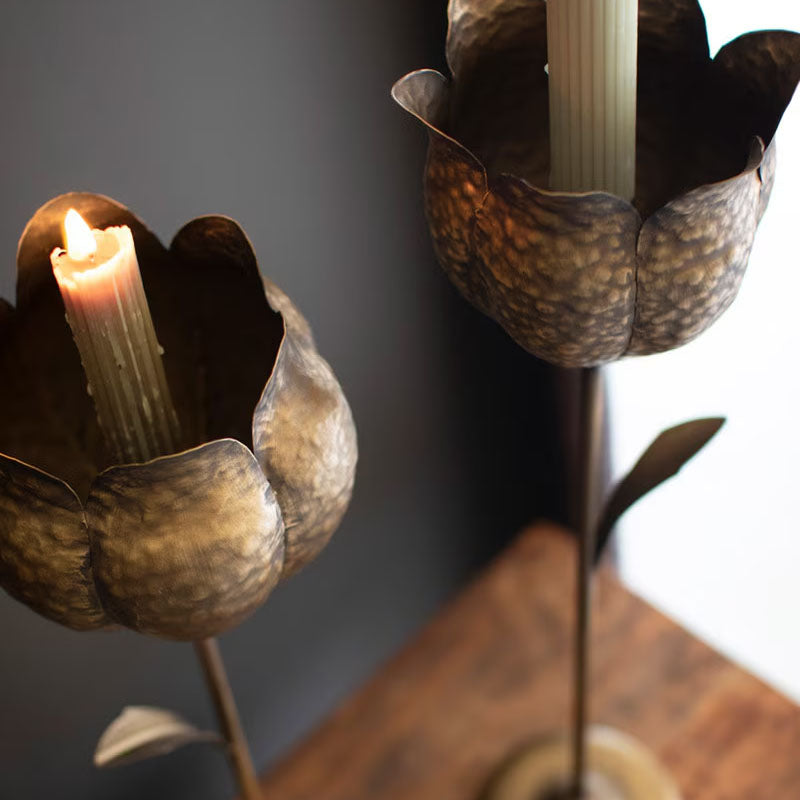Tulip Taper Antique Brass Candle Holder Set of 2