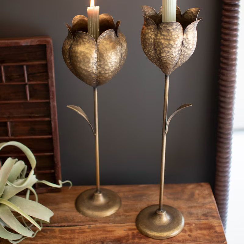Tulip Taper Antique Brass Candle Holder Set of 2