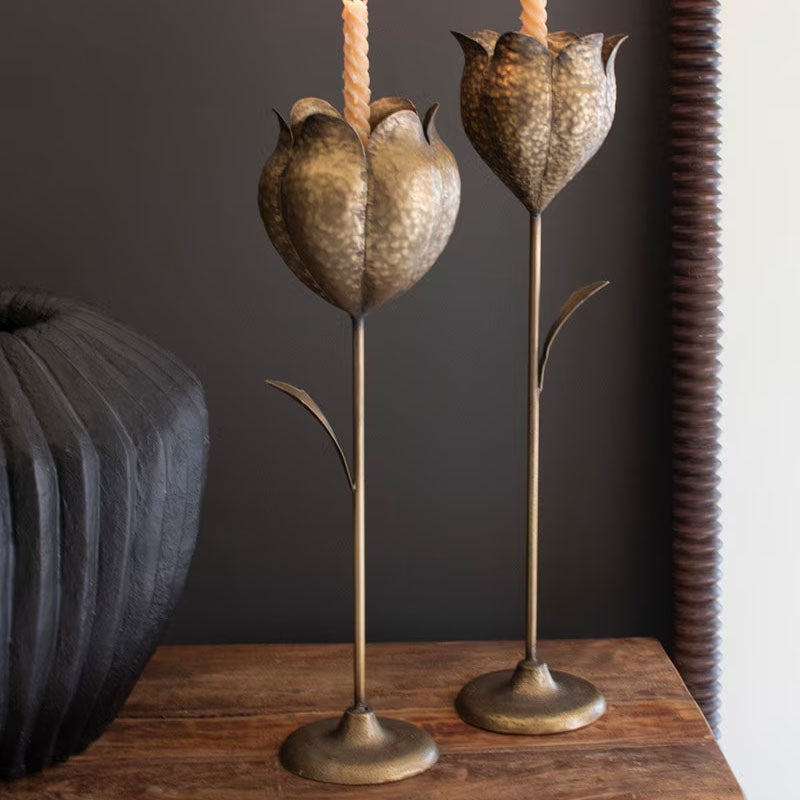 Tulip Taper Antique Brass Candle Holder Set of 2