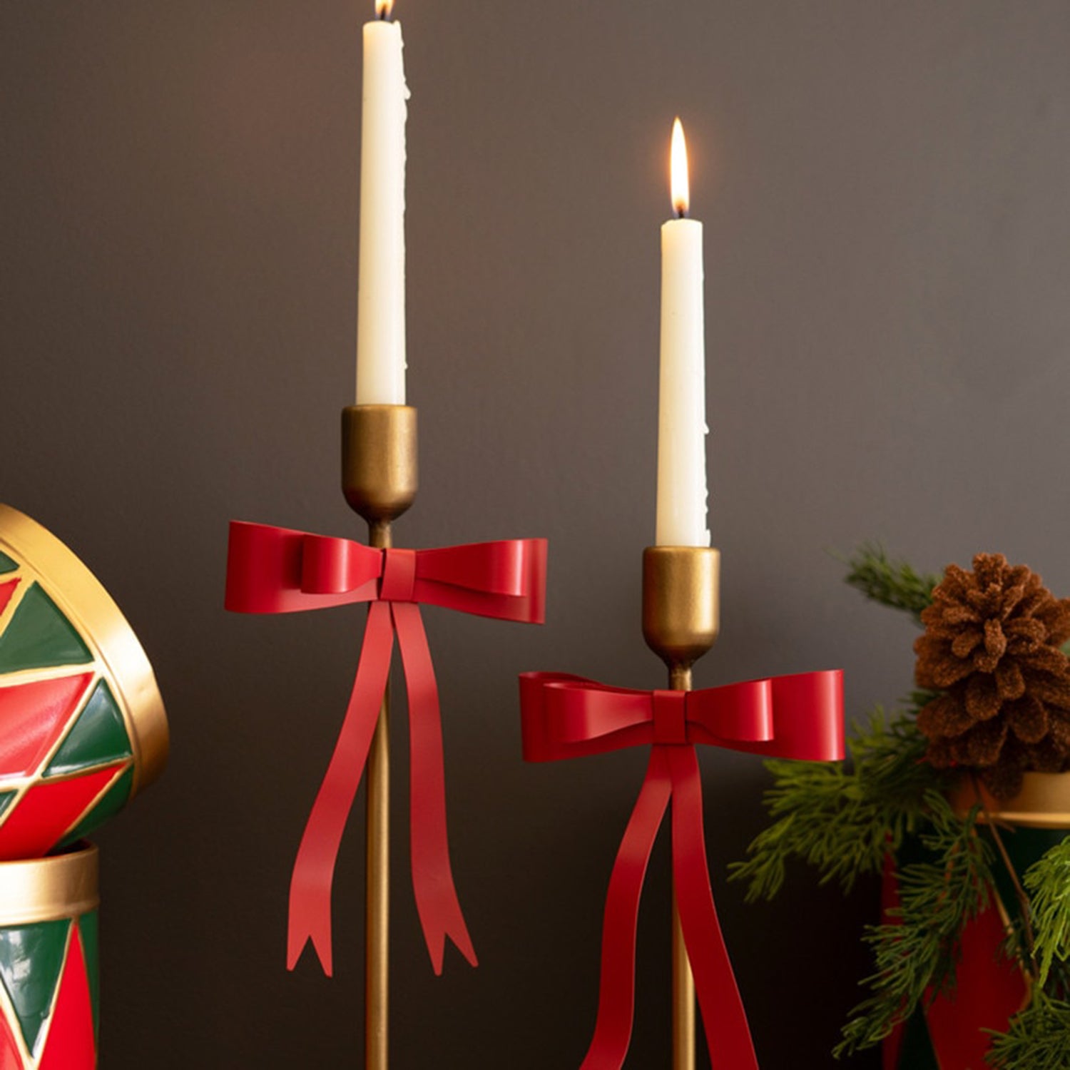 Metal Christmas Bow Taper Candle Holder Set of 2