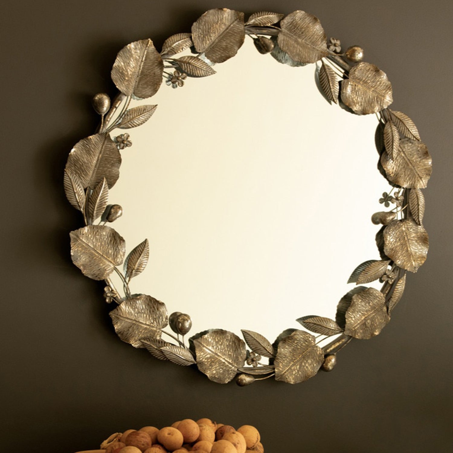 Round Rustic Framed Mirror with Leaf