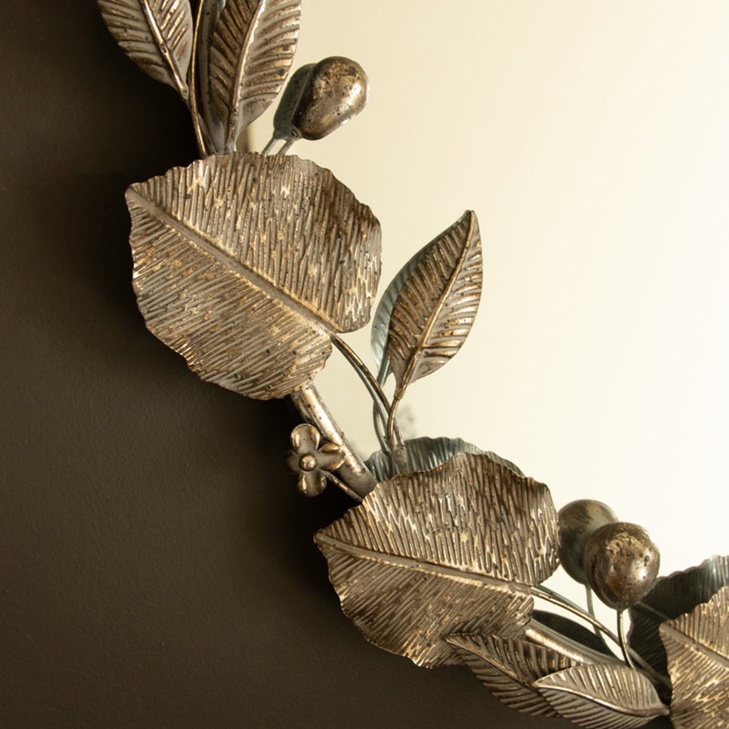 Round Rustic Framed Mirror with Leaf