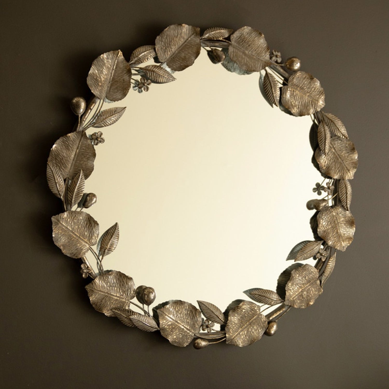 Round Rustic Framed Mirror with Leaf