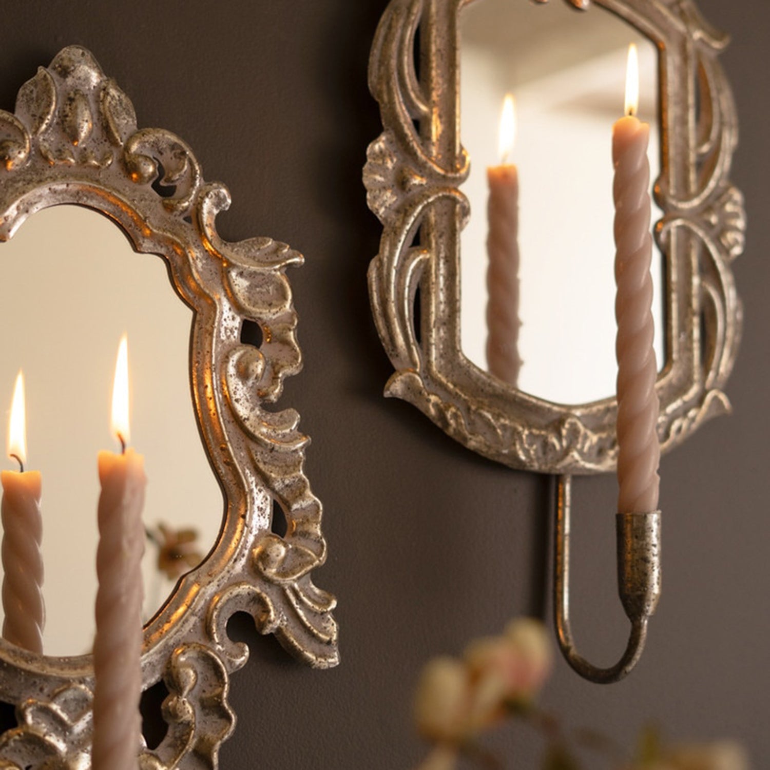 Rustic Framed Mirrors with Taper Candle Holder Set of 2