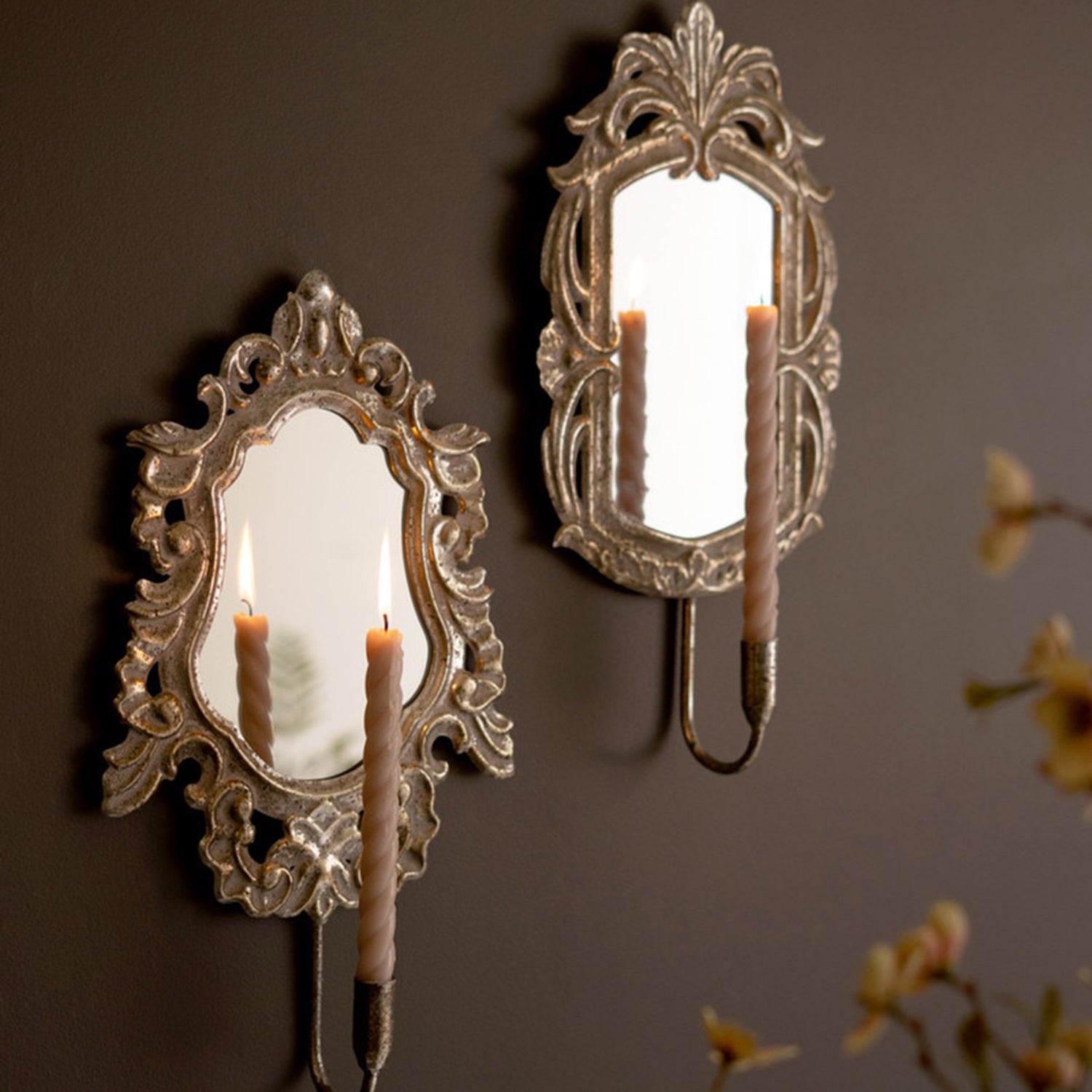 Rustic Framed Mirrors with Taper Candle Holder Set of 2