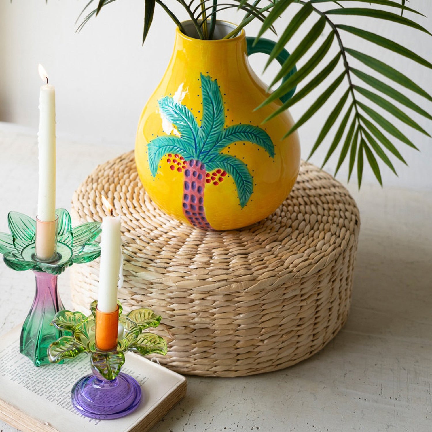 Colored Glass Flower Taper Candle Holder Set of 2