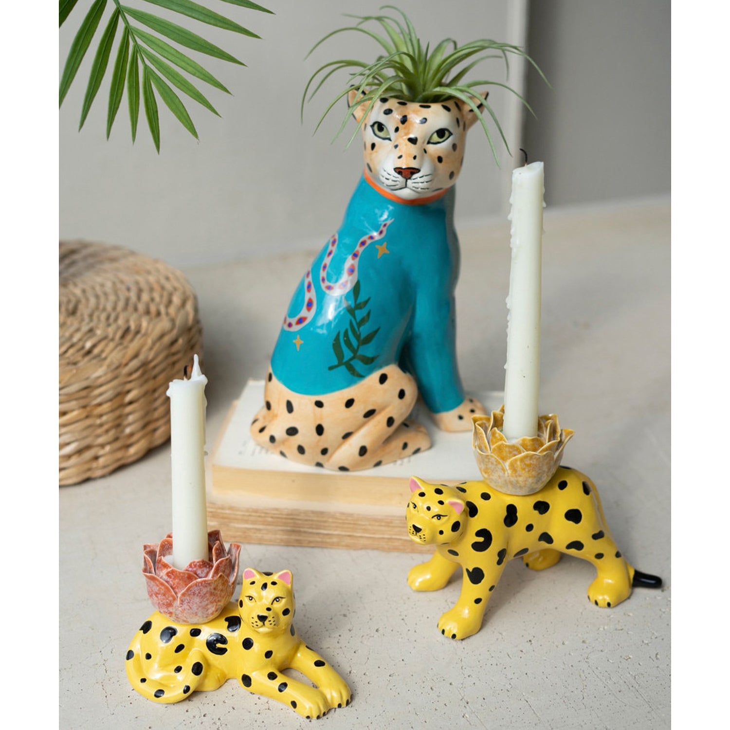 Ceramic Cheetah Taper Candle Holder Set of 2