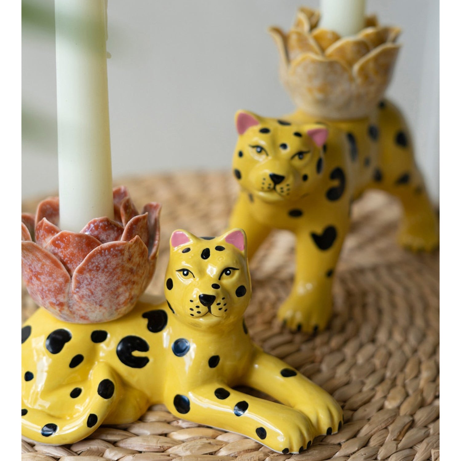 Ceramic Cheetah Taper Candle Holder Set of 2