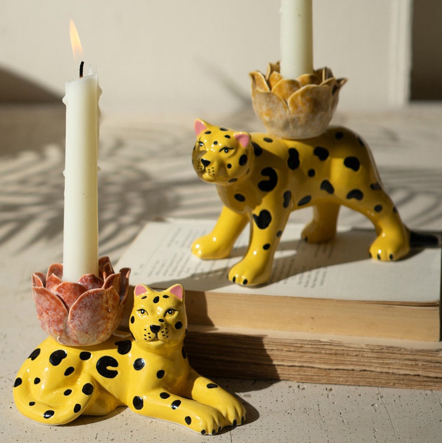 Ceramic Cheetah Taper Candle Holder Set of 2