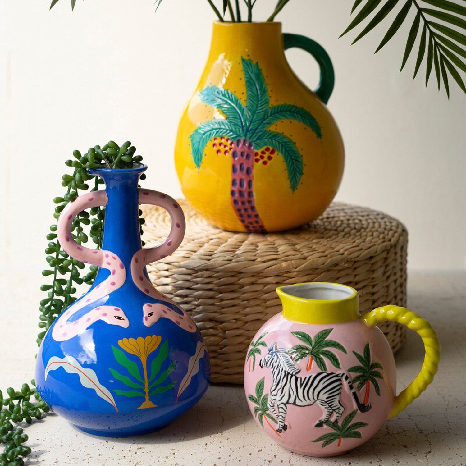 Ceramic Palm Tree Vase with Handle