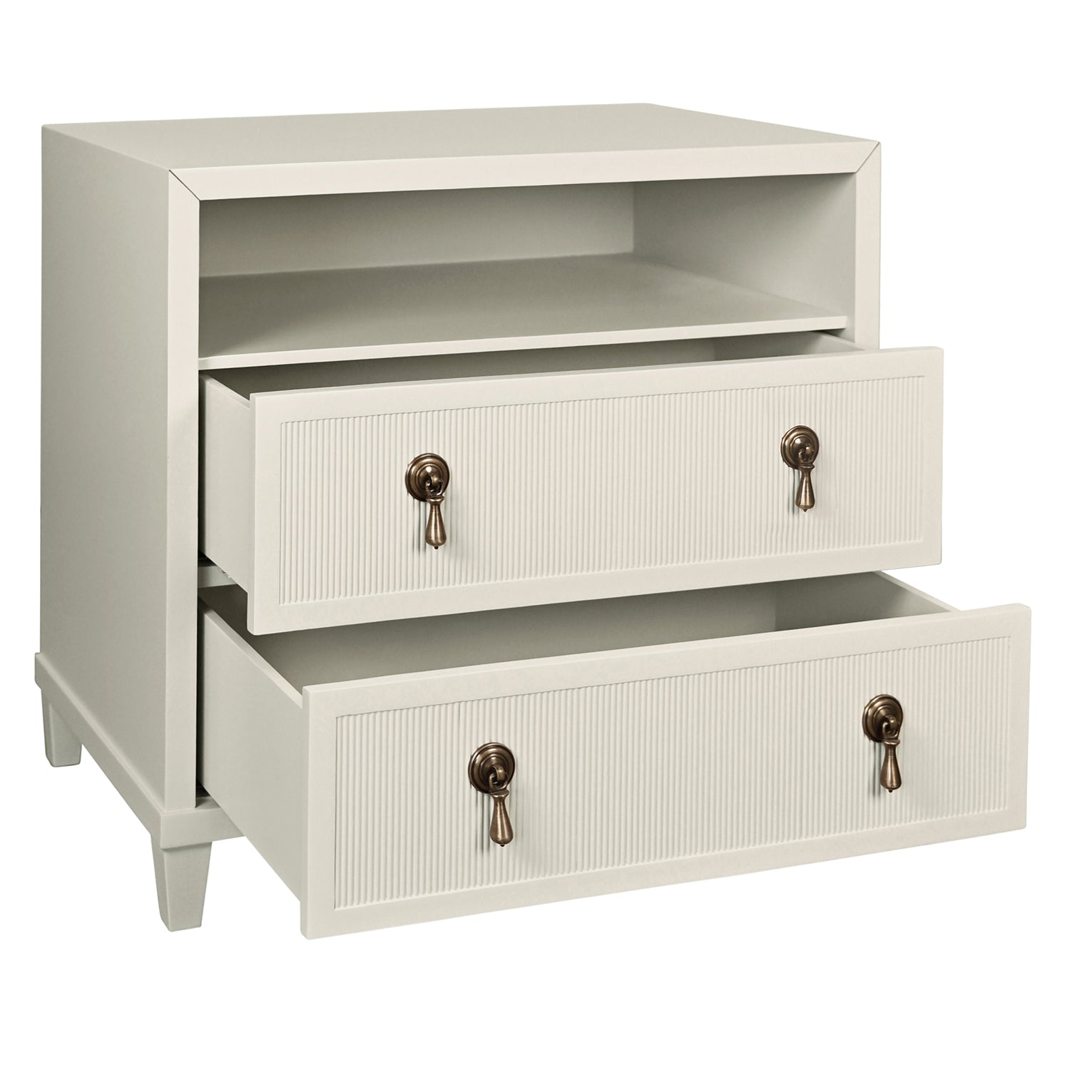 Corine Antique White Two Drawer Side Table styled in a room setting