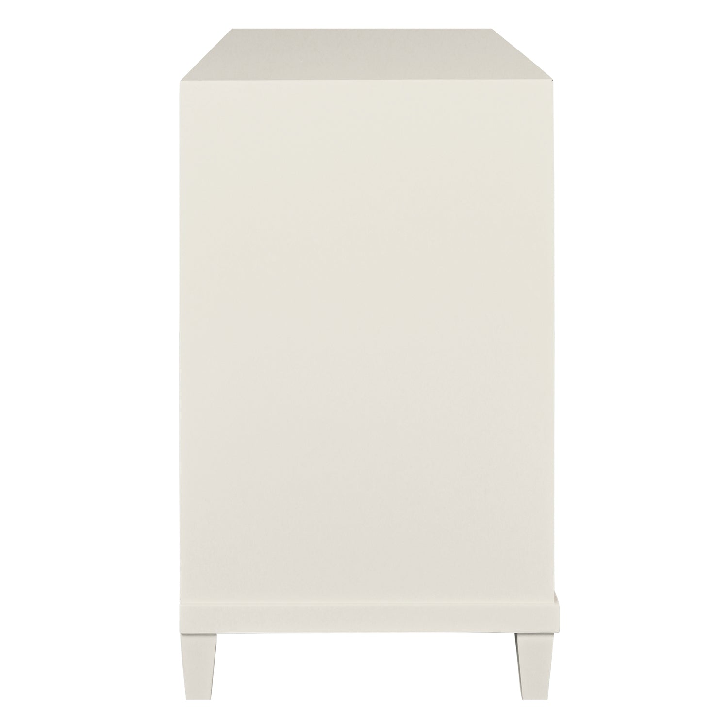 Close-up of the antique white wood finish on the Corine Antique White Two Drawer Side Table