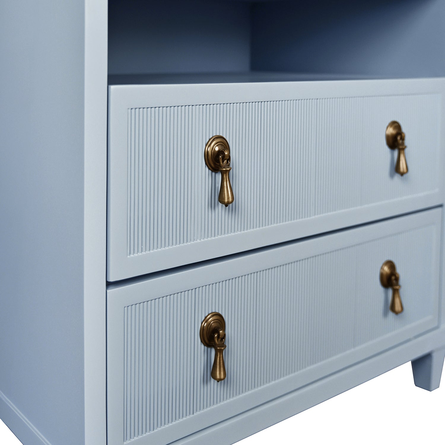 Detail of the Corine Light Blue Two Drawer Side Table hardware and craftsmanship