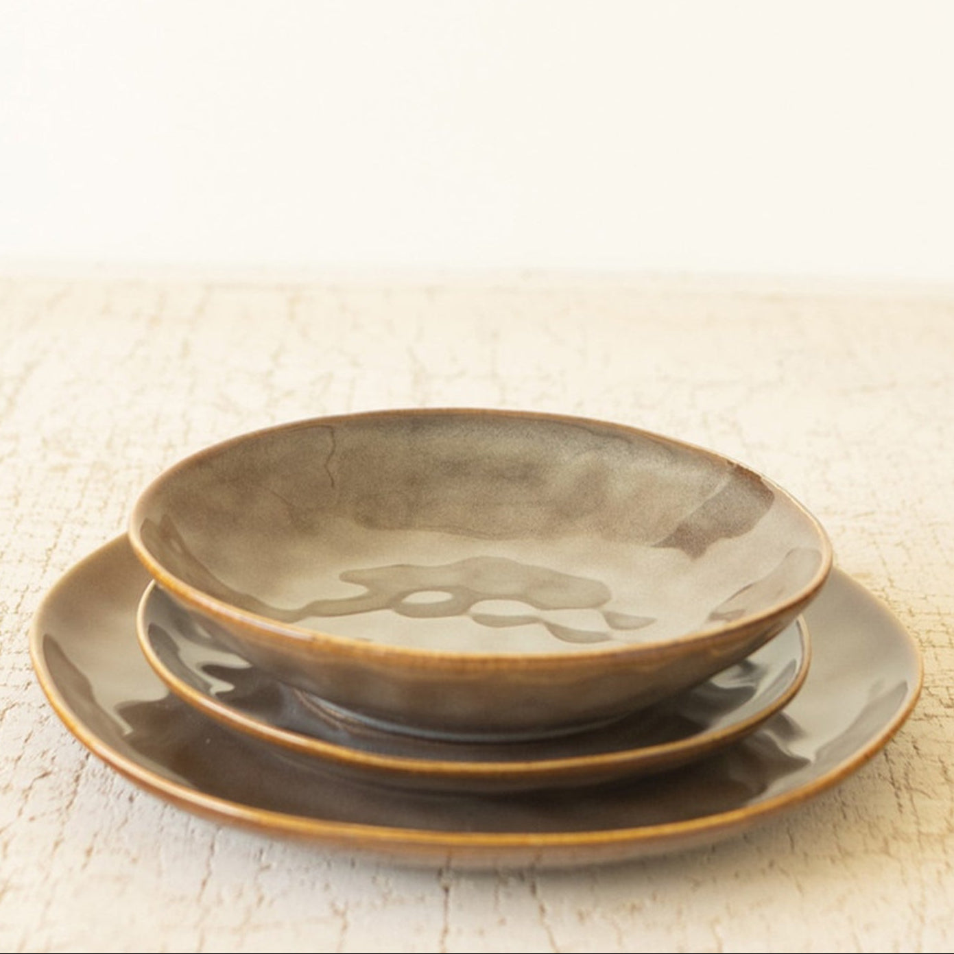 Antique Brown Ceramic Dinner Salad and Bowl Set of 3