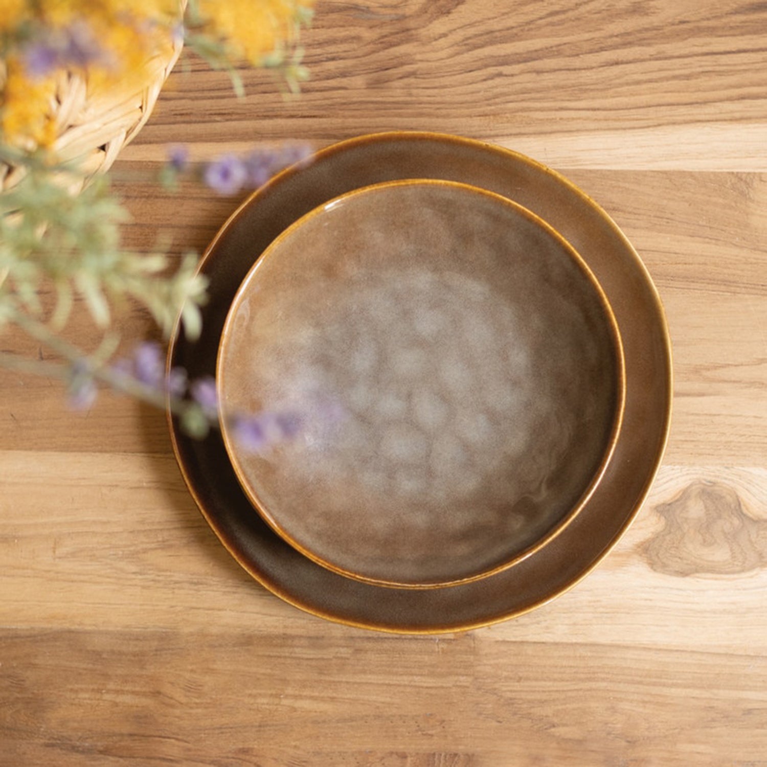 Antique Brown Ceramic Dinner Salad and Bowl Set of 3