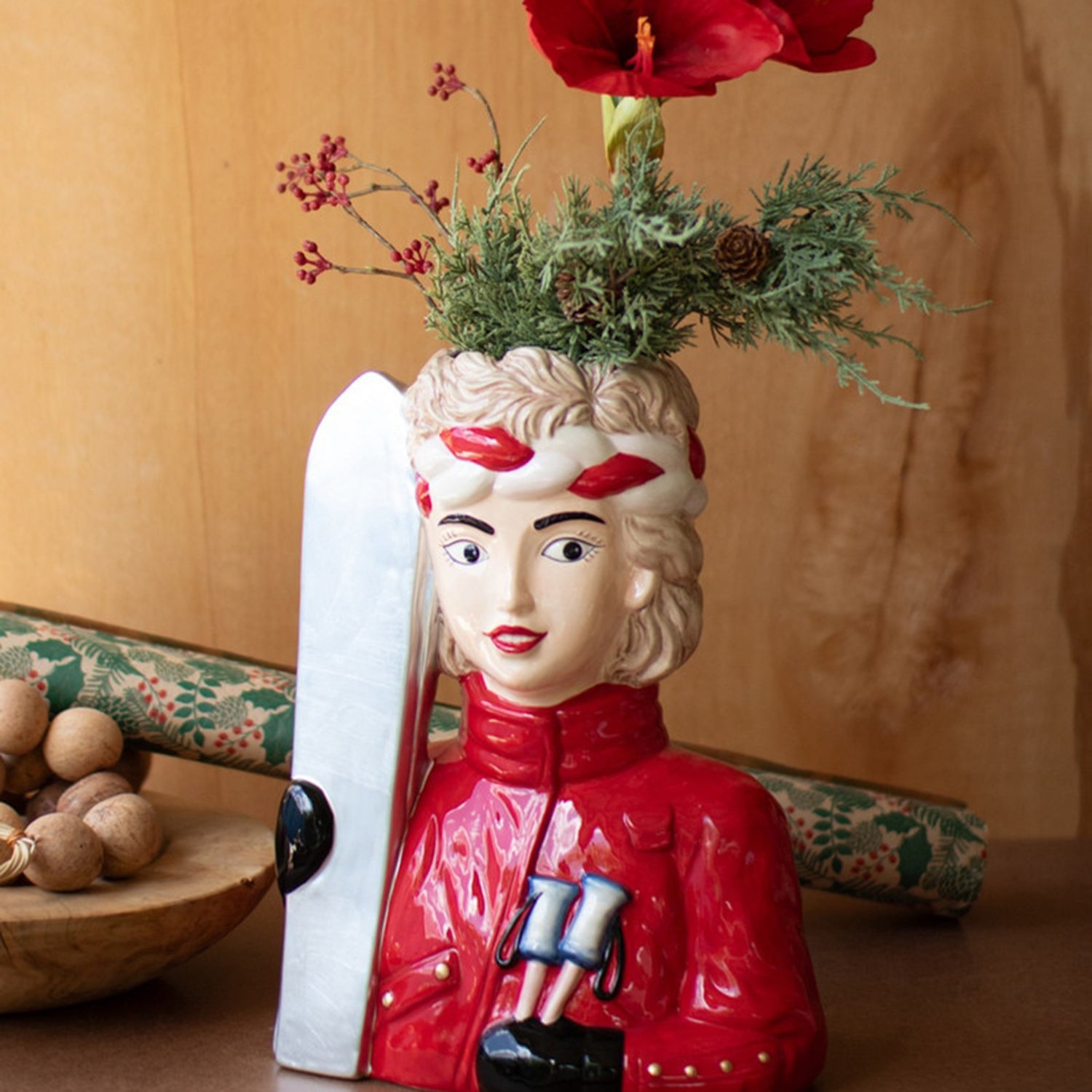 Ceramic Snow Skier Women Vase