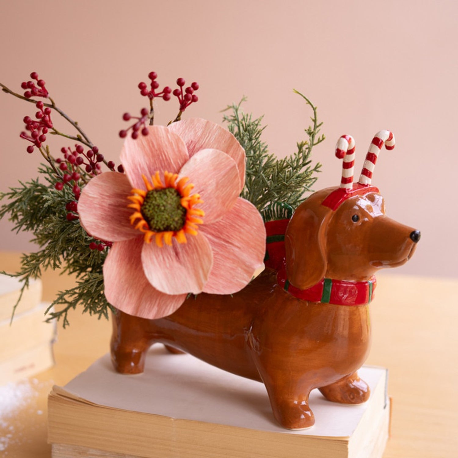 Ceramic Christmas Dachshund Candy Cane Planter
