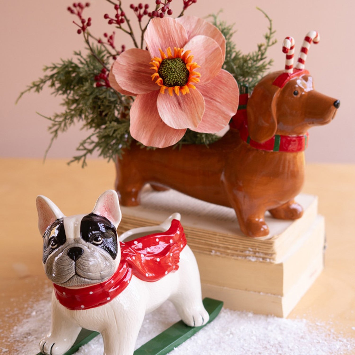 Ceramic Christmas Dachshund Candy Cane Planter