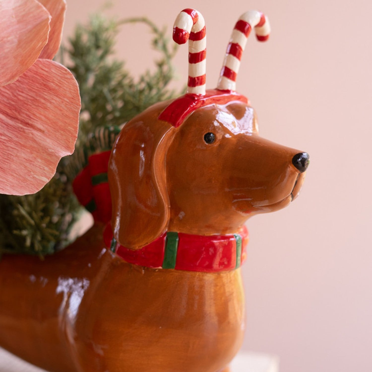 Ceramic Christmas Dachshund Candy Cane Planter