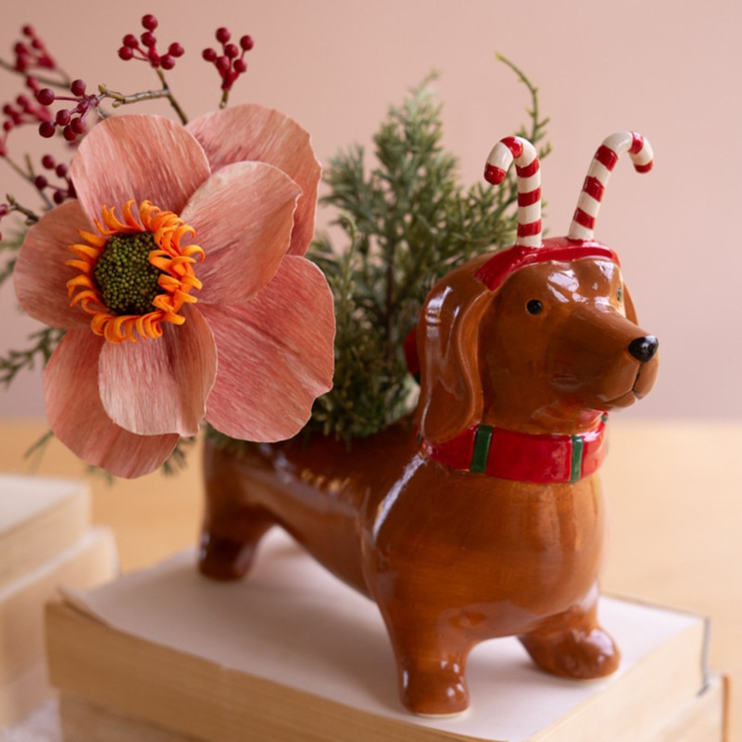 Ceramic Christmas Dachshund Candy Cane Planter