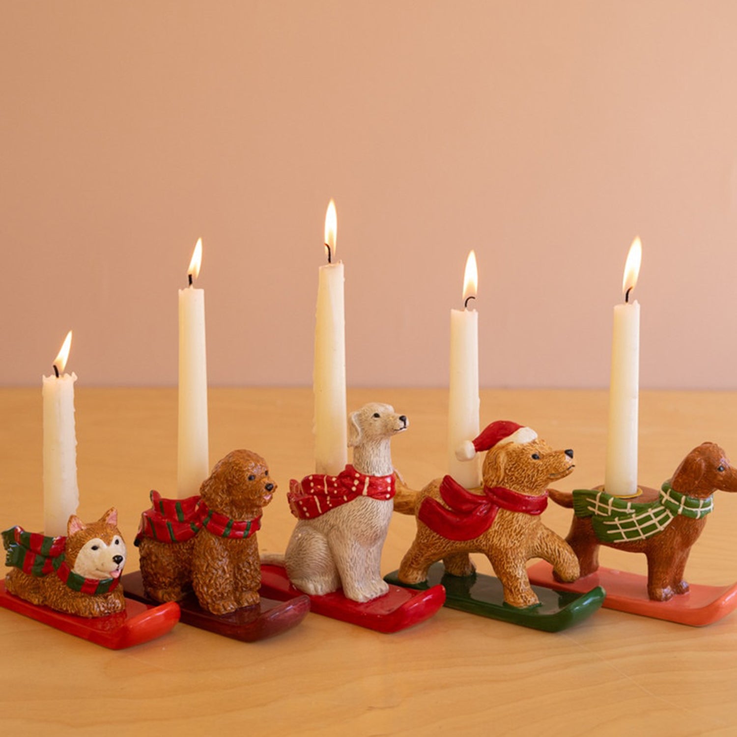 Ceramic Christmas Dog Taper Candle Holder Set of 5