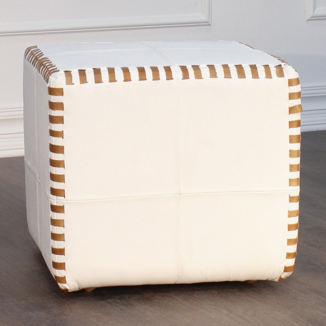 Peninsula Home White Stitched Leather Cube