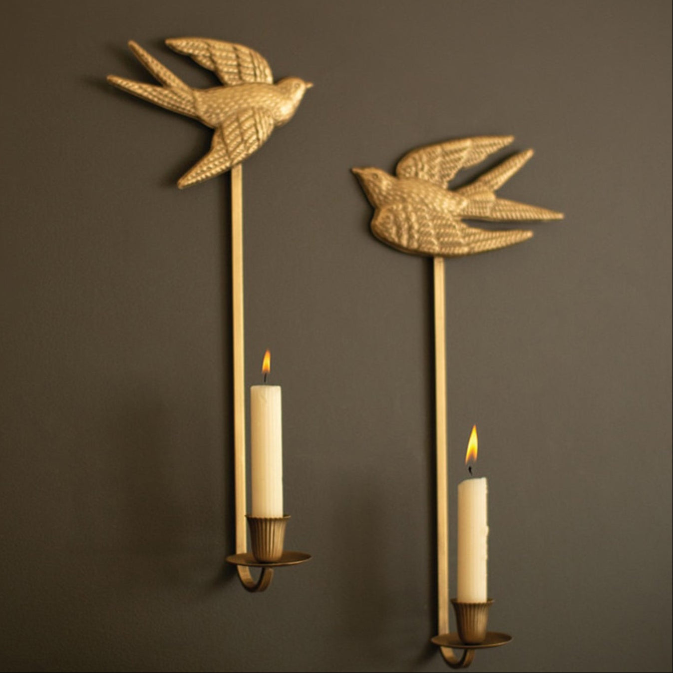 Antique Gold Metal Birds Taper Candle Wall Sconce Set of 2