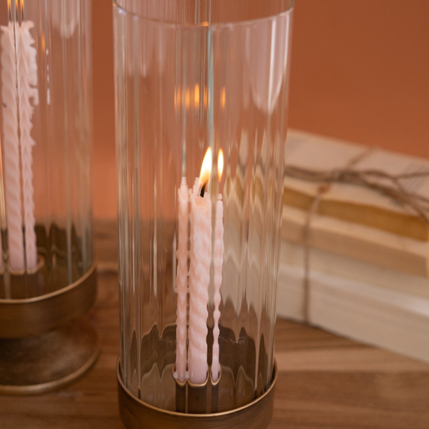 Antique Metal and Glass Taper Candle Hurricane Set of 2
